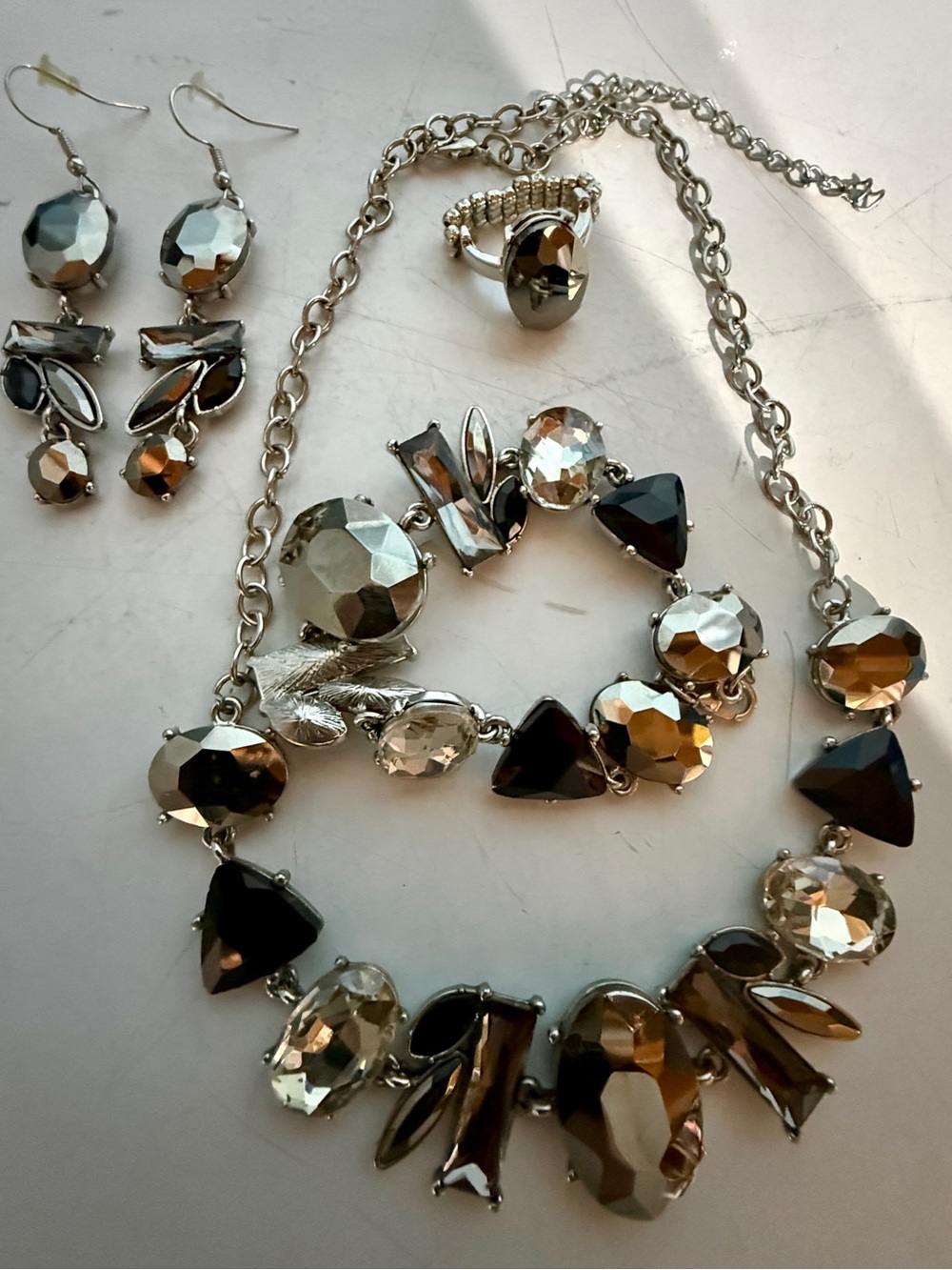 Silver-Tone Hematite Faux-Crystal Necklace, Bracelet & Earring Set